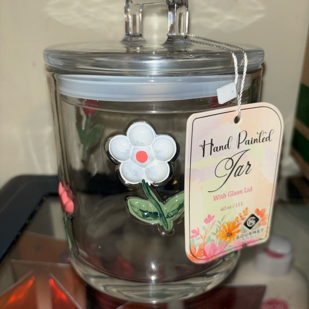 Hand Painted Floral Glass Jar with Lid - White & Green Flowers